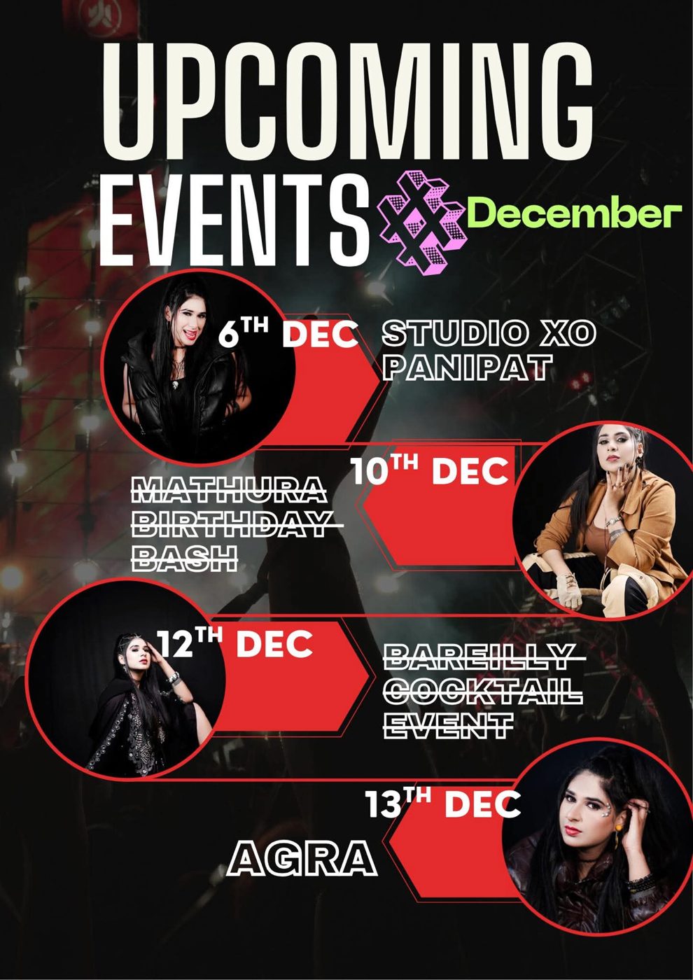 DJ Moksh flyer — December run — Panipat, Mathura, Bareilly, Agra